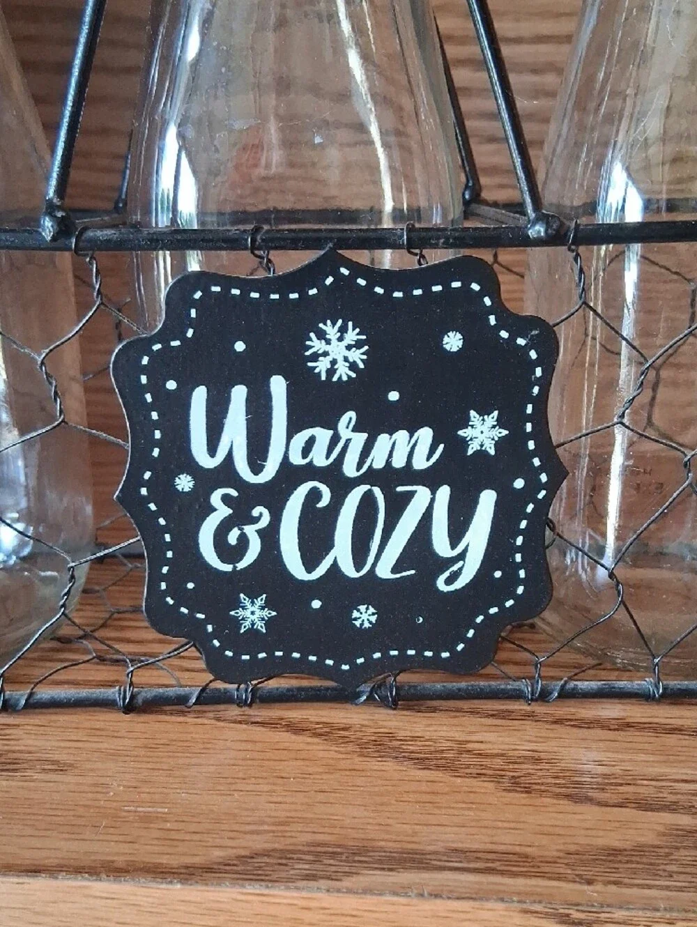 Warm & Cozy Rustic Wire Milk Bottle Caddy with Red Lids